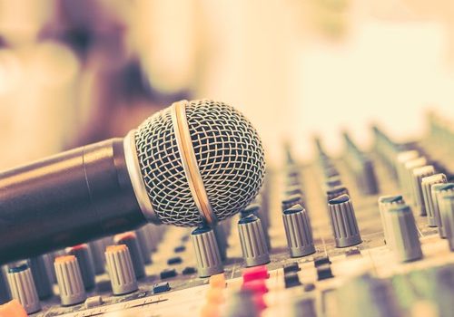 Microphone,Voice,Speaker,On,Audio,Synthesiser,Electronic,Music,Instrument,Sound Microphone voice speaker on audio synthesiser electronic music instrument sound mixer machine in broadcasting studio room, seminar event or wedding ceremony party